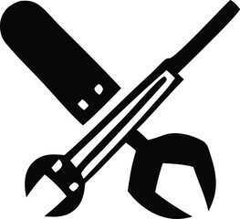 Stylized black silhouette of crossed wrenches and a tool handle symbolizing repair maintenance and mechanical work