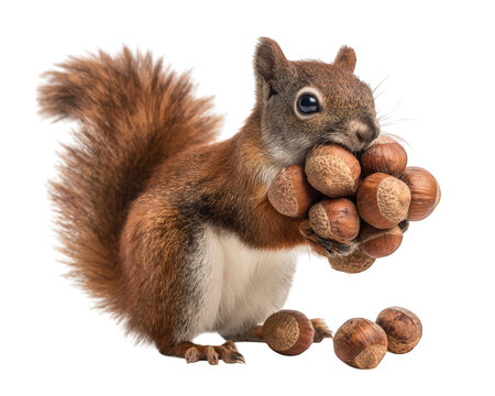Squirrel rodent animal nut acorn hoard brown fluffy woodland silly expression isolated transparency background cute mammal autumn forest wildlife bushy tail small whisker alert nature wild snack