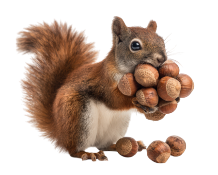Squirrel rodent animal nut acorn hoard brown fluffy woodland silly expression isolated transparency background cute mammal autumn forest wildlife bushy tail small whisker alert nature wild snack