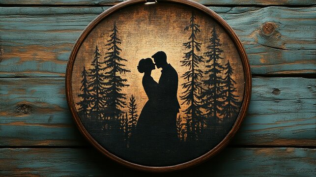 Black silhouette of embracing and kissing couple on burlap background, simple shape conveying deep affection