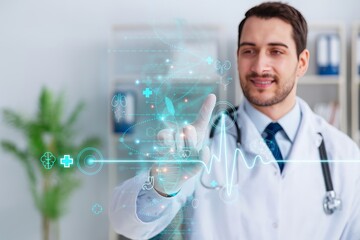 Smiling Doctor Interacting with Holographic Medical Interface Showing Anatomy, Diagnosis, and Treatment in Bright Modern Office