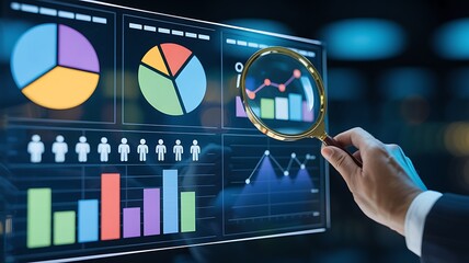 Analytical insights into digital dashboards with data analysis displayed through a magnifying glass on a modern screen.
