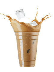 Splash iced coffee with milk and ice in disposable glass isolated on white background