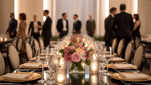 An elegantly set dining table features floral arrangements and glassware for a celebratory event