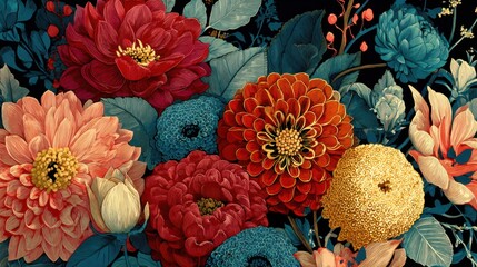 Vibrant Dahlia Floral Tapestry Garden Bloom Illustration.