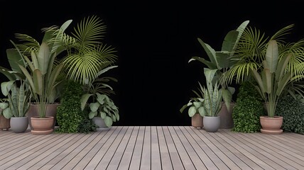 Fototapeta premium Tropical greenery accents this wooden deck, featuring palm leaves and potted plants on a stark black backdrop.