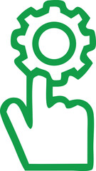 Green hand icon interacting with a gear symbol representing settings configuration or mechanical operations in a digital interface