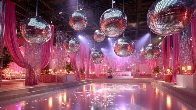 Pink disco ball party decoration with shiny drapes and elegant lighting creating festive and glamorous atmosphere