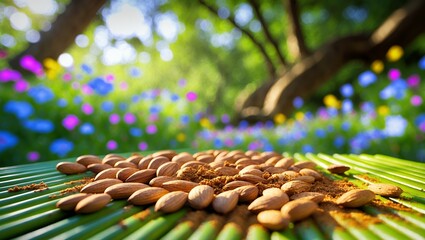 Almond Nuts on Green Surface with Blurred Floral Background