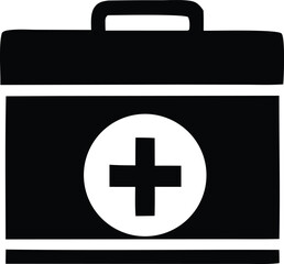 Fototapeta premium Simple black and white illustration of a medical first aid kit with a prominent white cross symbol on its front