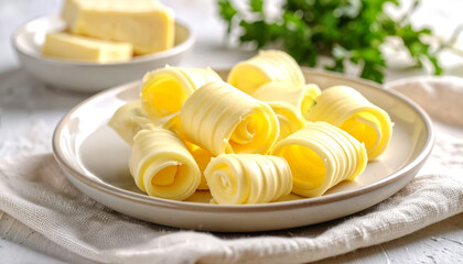 Butter curls on a ceramic plate with soft highlights and smooth creamy texture