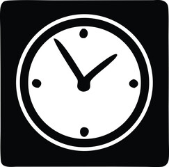 Simple black and white icon of a clock face with bold hands indicating a specific time against a stark black background