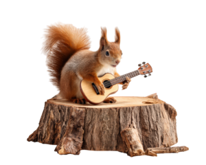 Squirrel guitar tree stump animal music woodland cute playful nature forest rodent small brown furry creative fun outdoors wildlife musician standing wood isolated joyful fantasy imaginative