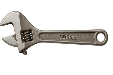 Close-up of a 200mm adjustable wrench, isolated on a transparent background, ready for use in various projects