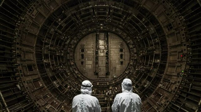 Two scientists in white protective suits stand on a platform overlooking a massive, circular industrial chamber. Futuristic technology, nuclear reactor, or particle accelerator concept.
