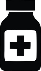 Fototapeta premium Simple black silhouette of a medicine bottle with a white label featuring a prominent red cross symbol for healthcare and wellness