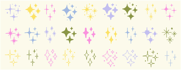 Set of colorful hand drawn vector stars and sparkles, doodle collection
