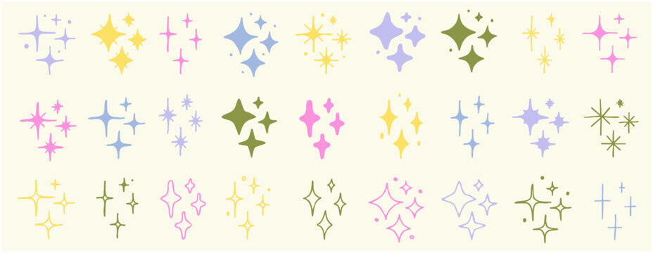 Set of colorful hand drawn vector stars and sparkles, doodle collection