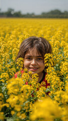 Fototapeta premium Realistic Child in Rapeseed Field Yellow Flowers Landscape Nature Portrait