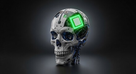 Cybernetic Skull with Glowing AI Brain Chip on Dark Background