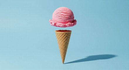 Conceptual food photography of a floating scoop of ice cream above a cone, captured mid-air, soft shadows underneath, light blue background.