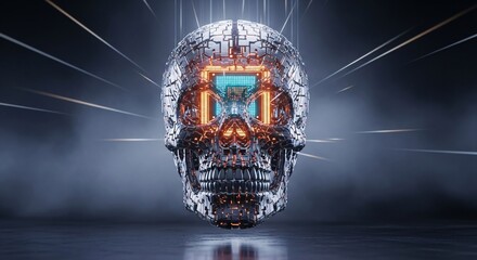 Cybernetic Skull with Circuitry and Glowing Processor Eyes Against Dark Background - AI, Technology, and Cybersecurity Concept