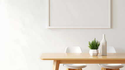 Minimalist dining room with a light wood table white chairs and a blank white picture frame on a white wall