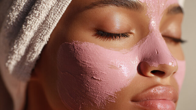 Pink facial mask on African American woman with towel wrapped on head, close up of smooth skin and relaxed expression during skincare routine