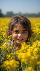 Fototapeta premium Realistic Child in Rapeseed Field Yellow Flowers Landscape Nature Portrait