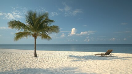 Naklejka premium Serene Beach Scene with Palm Tree and Lounge Chair Under a Clear Blue Sky for Freelancers Seeking Inspiration and Relaxation