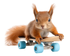 Squirrel on skateboard with blue wheels, isolated on transparency background, playful and energetic animal performing trick, cute and funny concept