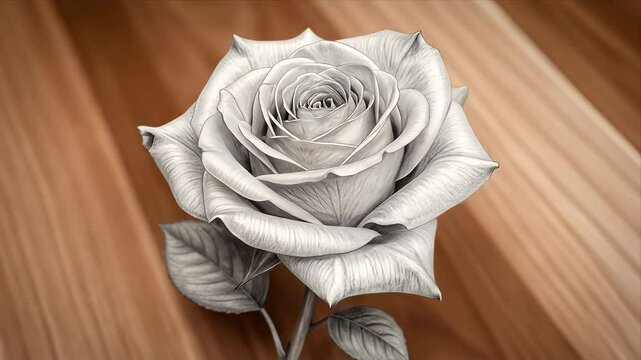 Monochrome rose rendering against a wooden backdrop with subtle shadows