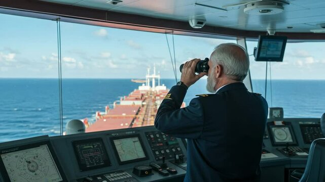 Senior ship captain on the navigation bridge of a cargo vessel. Mature male officer with binoculars looking out at the open sea.