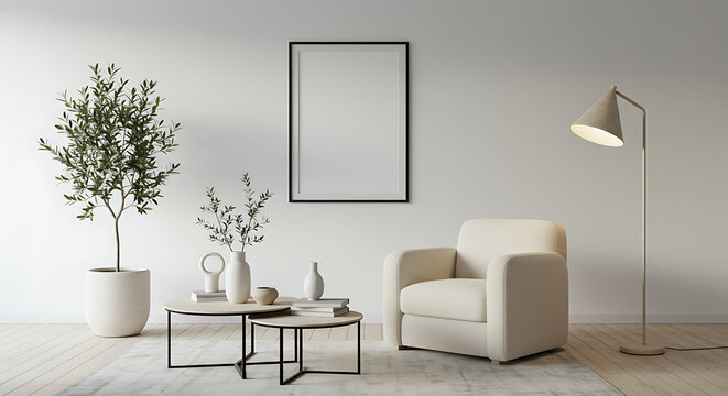 Modern living room with a comfortable armchair coffee tables and a potted olive tree
