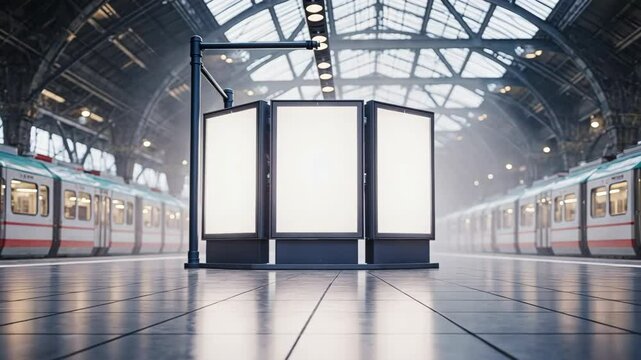 Modern train station platform with illuminated blank billboards