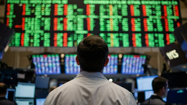 Male trader watching a large screen with stock market data on the trading floor. Financial broker analyzing investment information. - Powered by Adobe