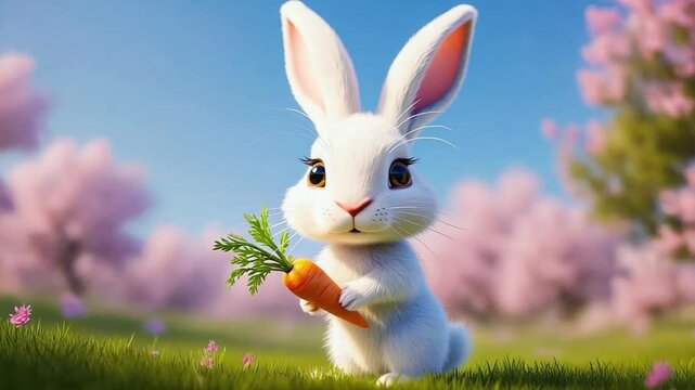Cute white rabbit holding a carrot in a spring meadow