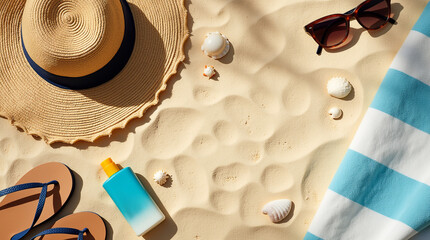 Top-down flat lay of summer beach accessories on sand: straw hat, sunglasses, sunscreen bottle, flip-flops, seashells, and a beach towel.