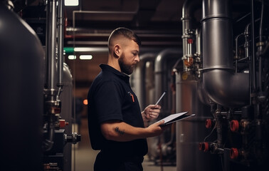 A technician stands in a dimly lit industrial facility, focused on his task. Holding a clipboard and a pen, he reviews equipment conditions amidst a backdrop of large metallic pipes and valves. 