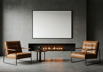 Modern living room with two brown leather armchairs flanking a long fireplace with a blank canvas above