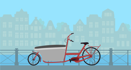 A cargo bicycle standing near a fence at canal bank in Amsterdam or European city. Vector illustration