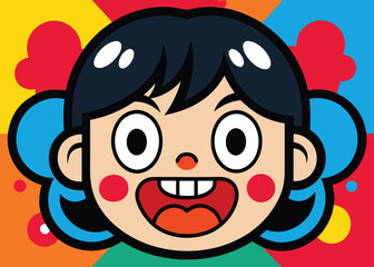 Obraz premium Joyful Portrait: A charming and vibrant cartoon portrait of a smiling child, exuding happiness and fun against a backdrop of playful hues and a burst of vivid color. vector