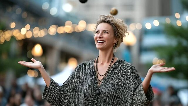 A talented performer juggling in a lively street setting