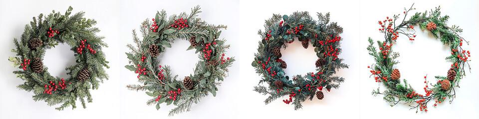 detailed evergreen wreath with red berries and pinecone