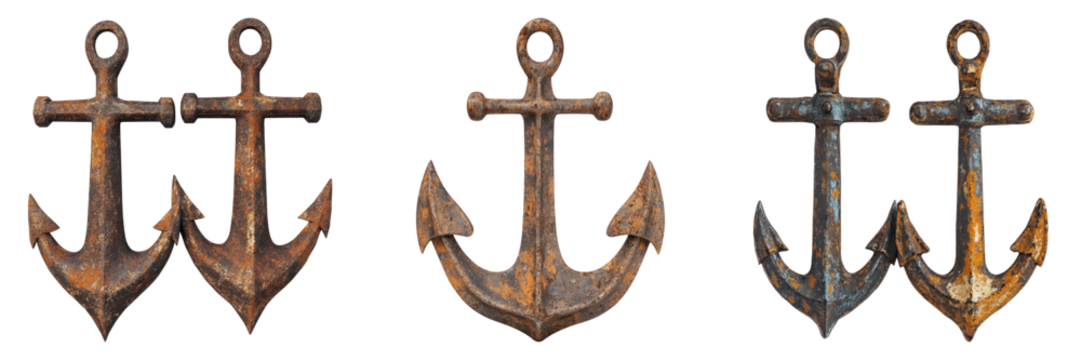 Set of two rusted anchors isolated on transparent background