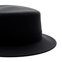 Classic black fedora hat with broad brim and smooth leather texture isolated on transparent background