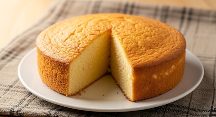 A simple round cake with a slice cut out on a white plate and cloth napkin