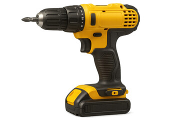 Close-up of a yellow and black cordless drill with a phillips bit, isolated on a transparent background, ready for construction or diy projects