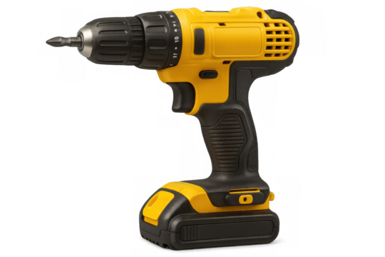 Close-up of a yellow and black cordless drill with a phillips bit, isolated on a transparent background, ready for construction or diy projects