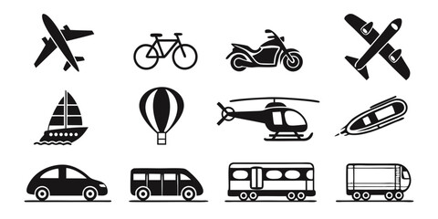 Simple Black and White Transportation Icons Set
